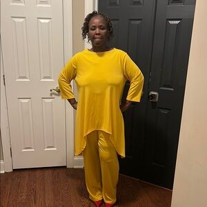 SHEIN Yellow Pantsuit with Flared Sleeves and Asymmetrical Hem